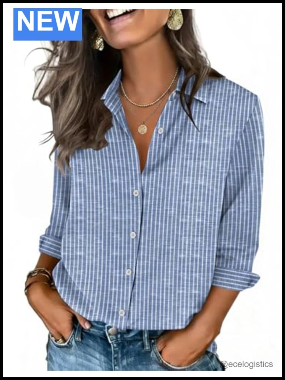Women's 3/4 Sleeve V-Neck Button Down Blouse Business Casual Office Top